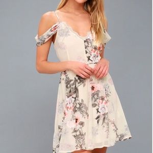 Lulu's Verona Cream Floral Print Off-the-Shoulder Lace Dress